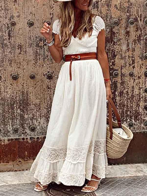 Bellevoga Sexy V Neck Lace Maxi Dress