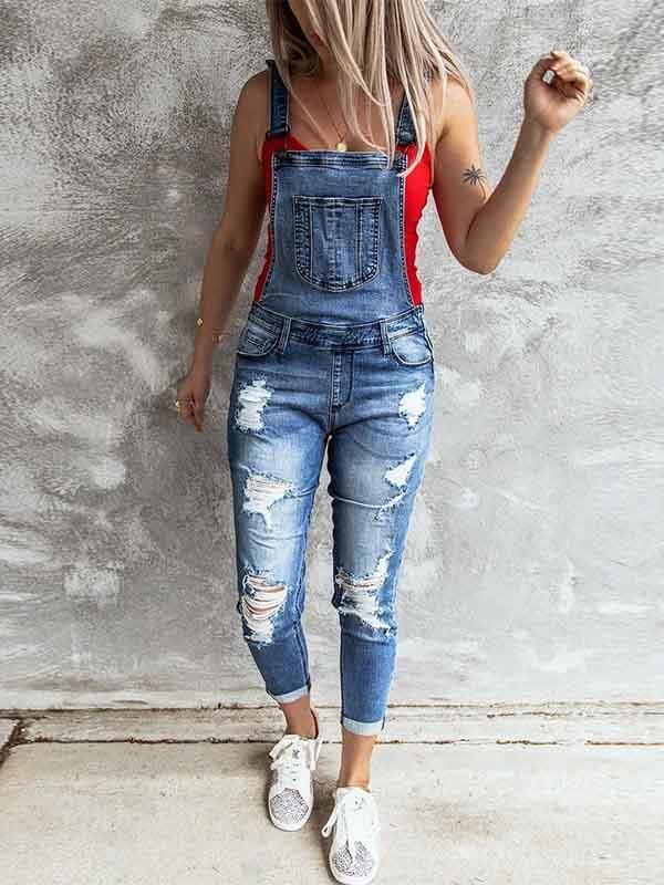 Bellevoga Ripped Stretch Denim Jumpsuit