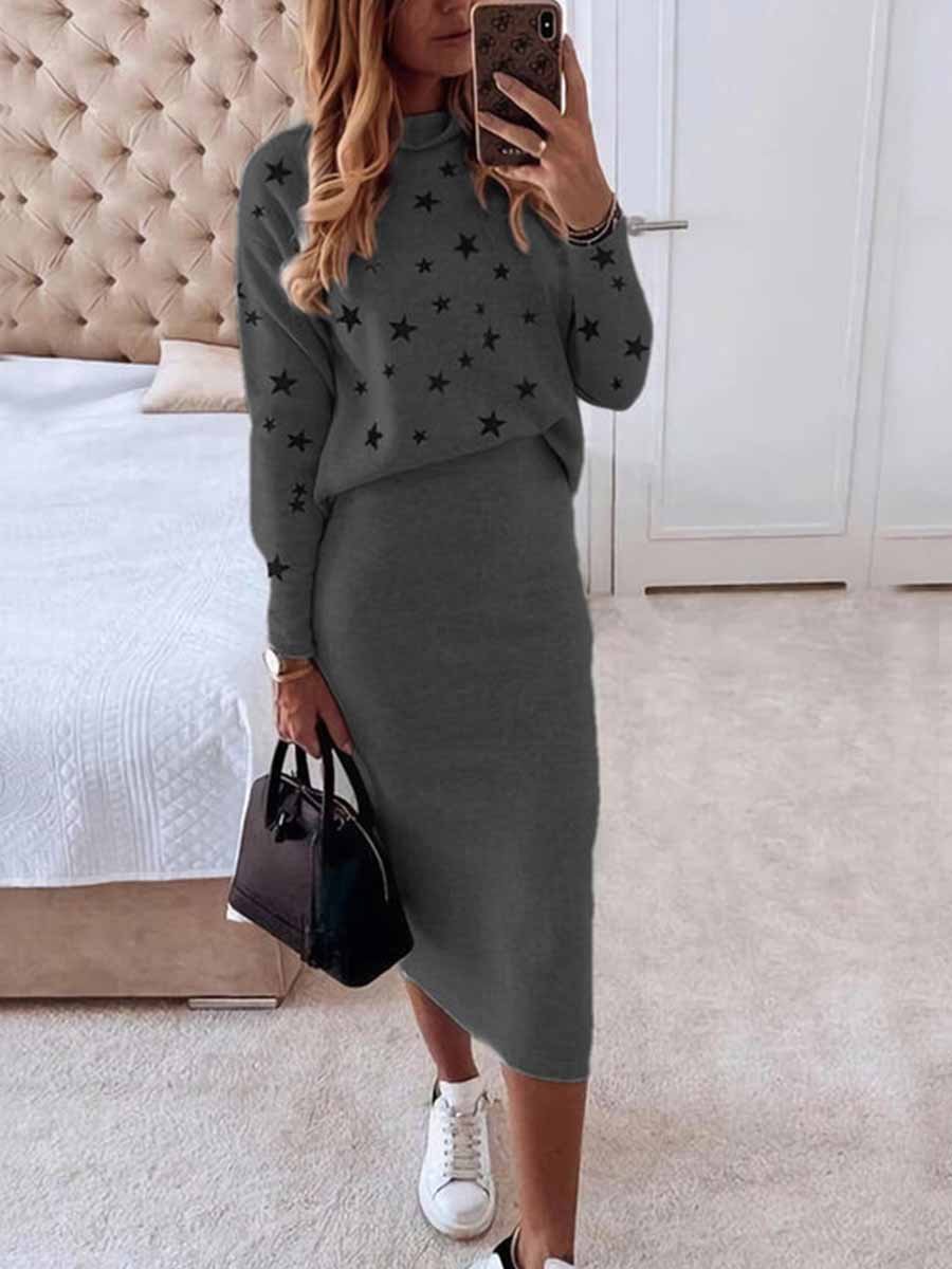 Bellevoga Star Print Knit Skirt Sets