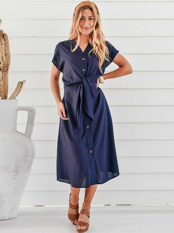 Bellevoga Button V-Neck Strap Dress