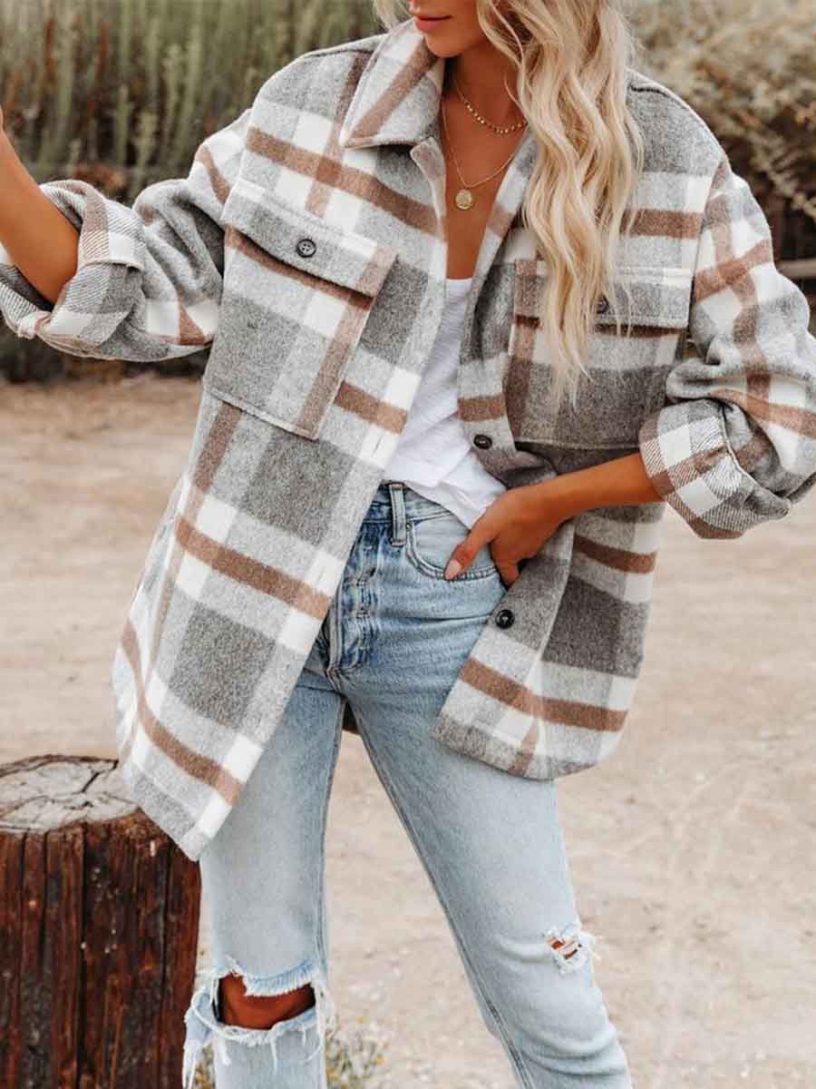 Bellevoga Loose Plaid Shirt Coat