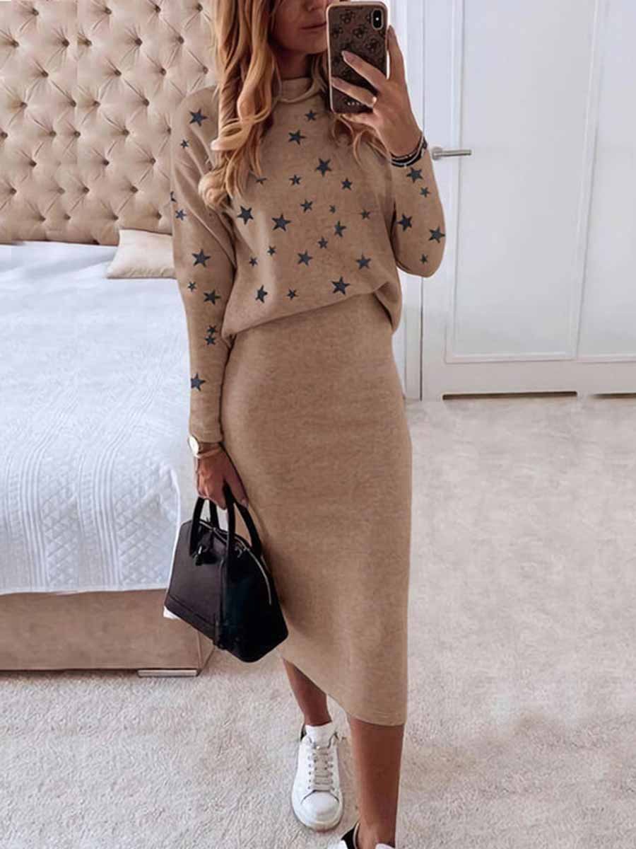 Bellevoga Star Print Knit Skirt Sets