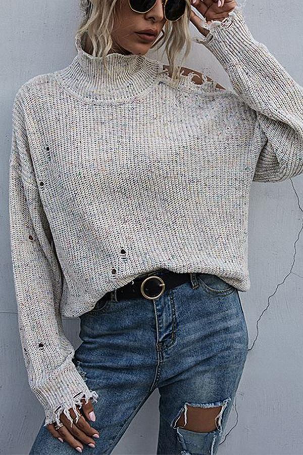 Bellevoga Loose Off-shoulder Ripped Long-sleeved High-neck Knitted Sweater