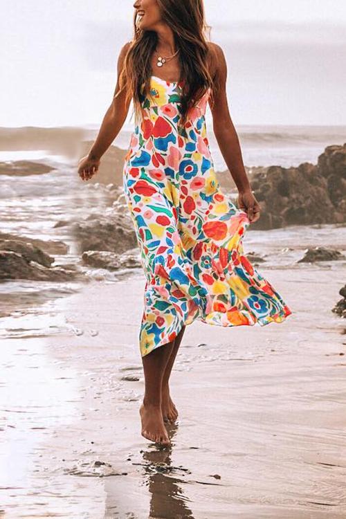 Bellevoga Floral Printed Summer Backless Mid Calf Dress With Pocket