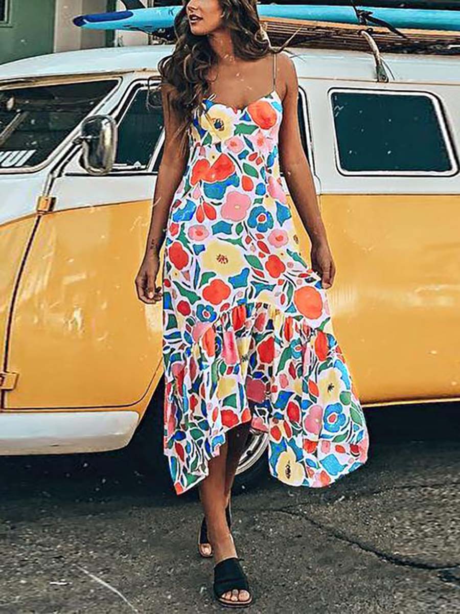 Bellevoga Floral Printed Summer Backless Mid Calf Dress With Pocket