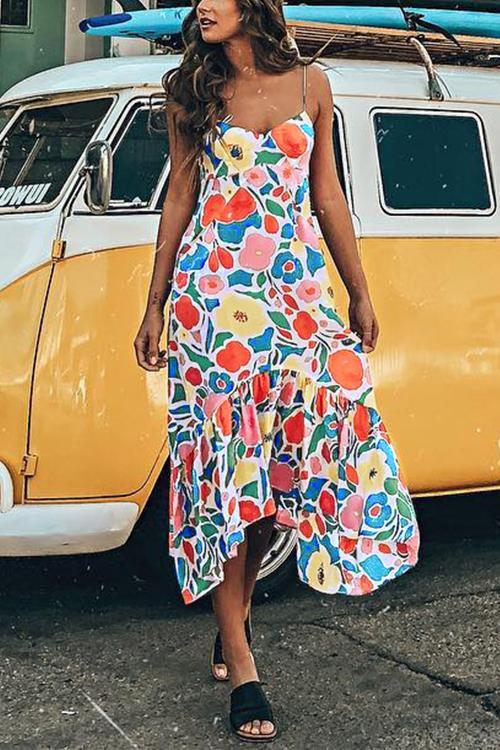 Bellevoga Floral Printed Summer Backless Mid Calf Dress With Pocket