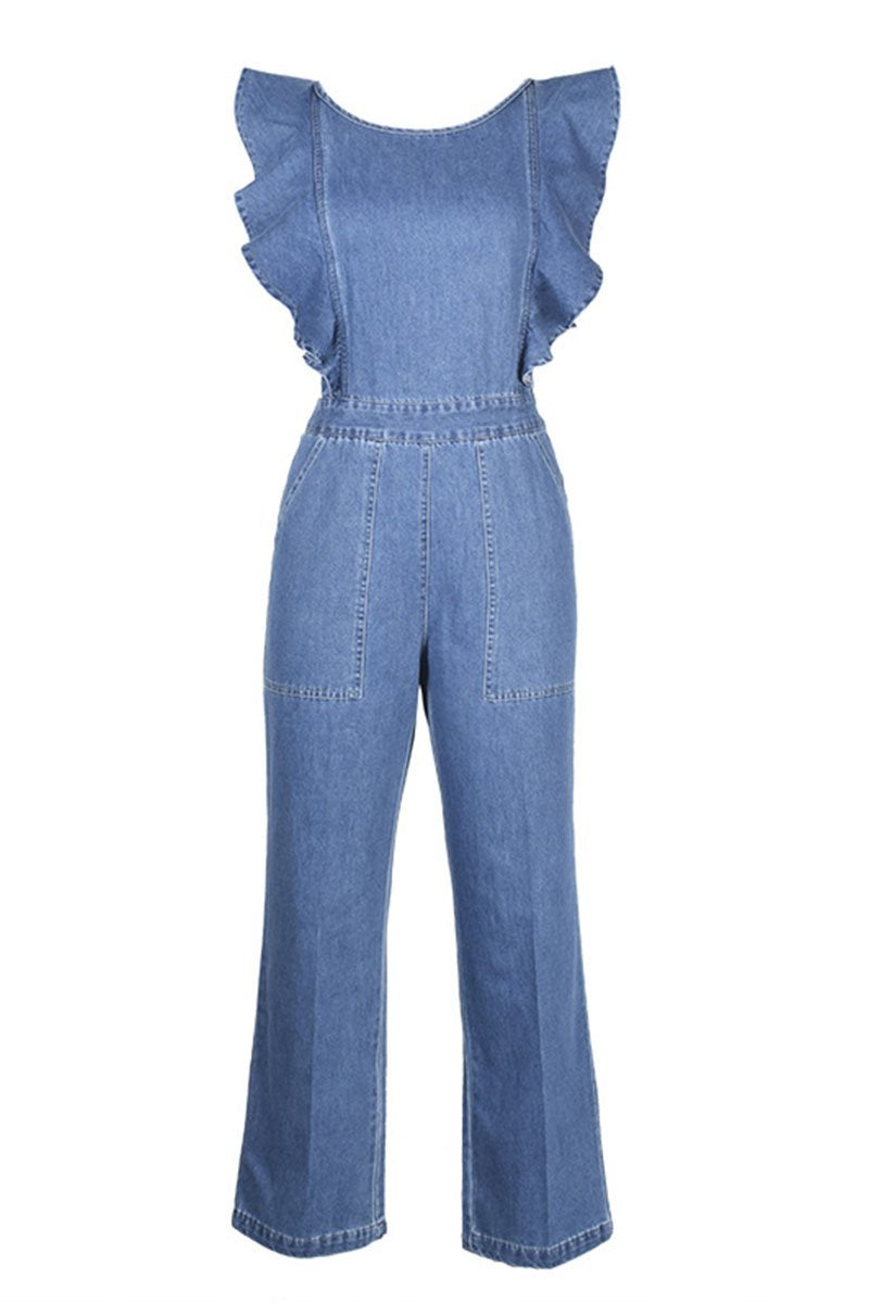 Bellevoga O Neck Flouncing Denim Jumpsuit