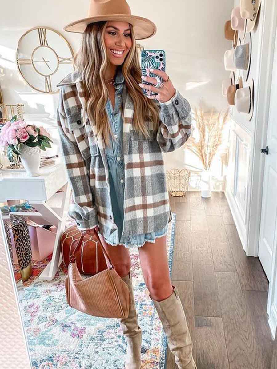 Bellevoga Loose Plaid Shirt Coat