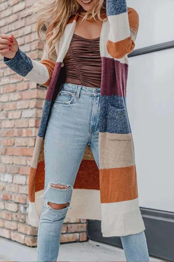 Bellevoga Multicolor Knitted Color Block Open Front Long Cardigan