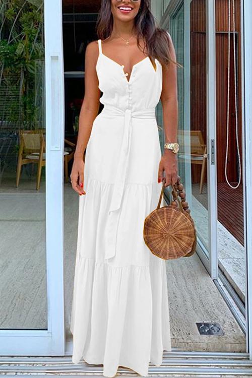 Bellevoga Button Belted Slip Maxi Dress