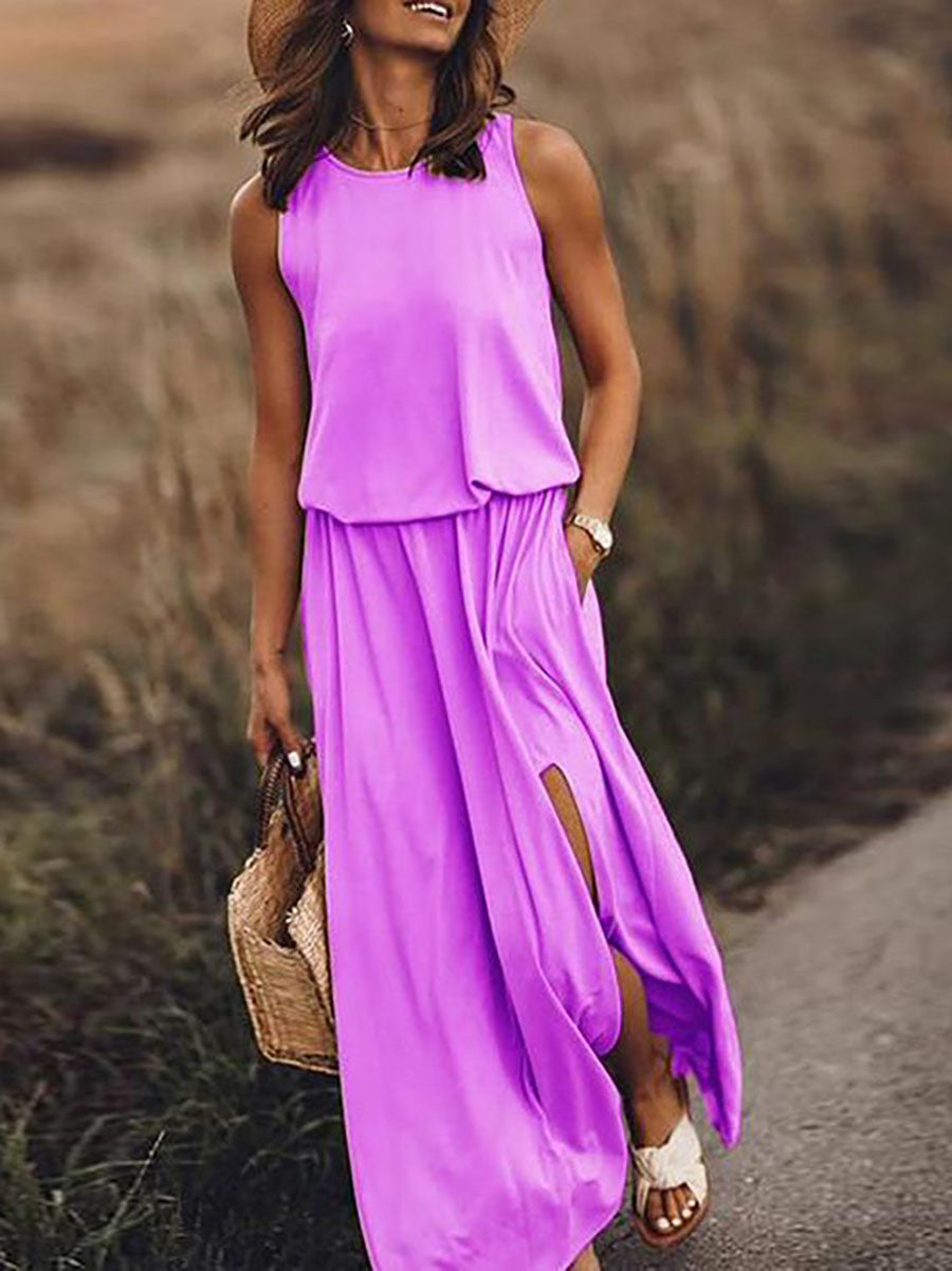 Bellevoga Pockets O Neck Sleeveless Slit Maxi Dress