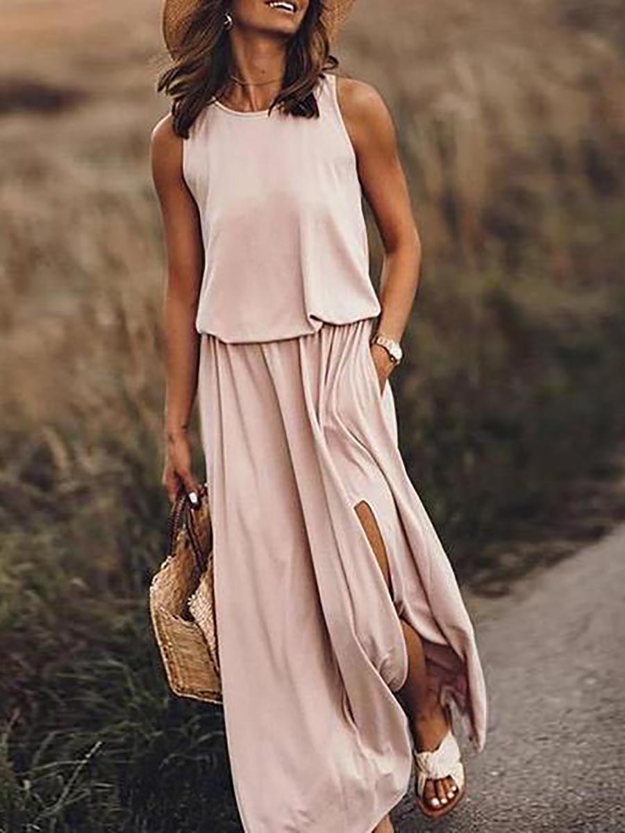 Bellevoga Pockets O Neck Sleeveless Slit Maxi Dress