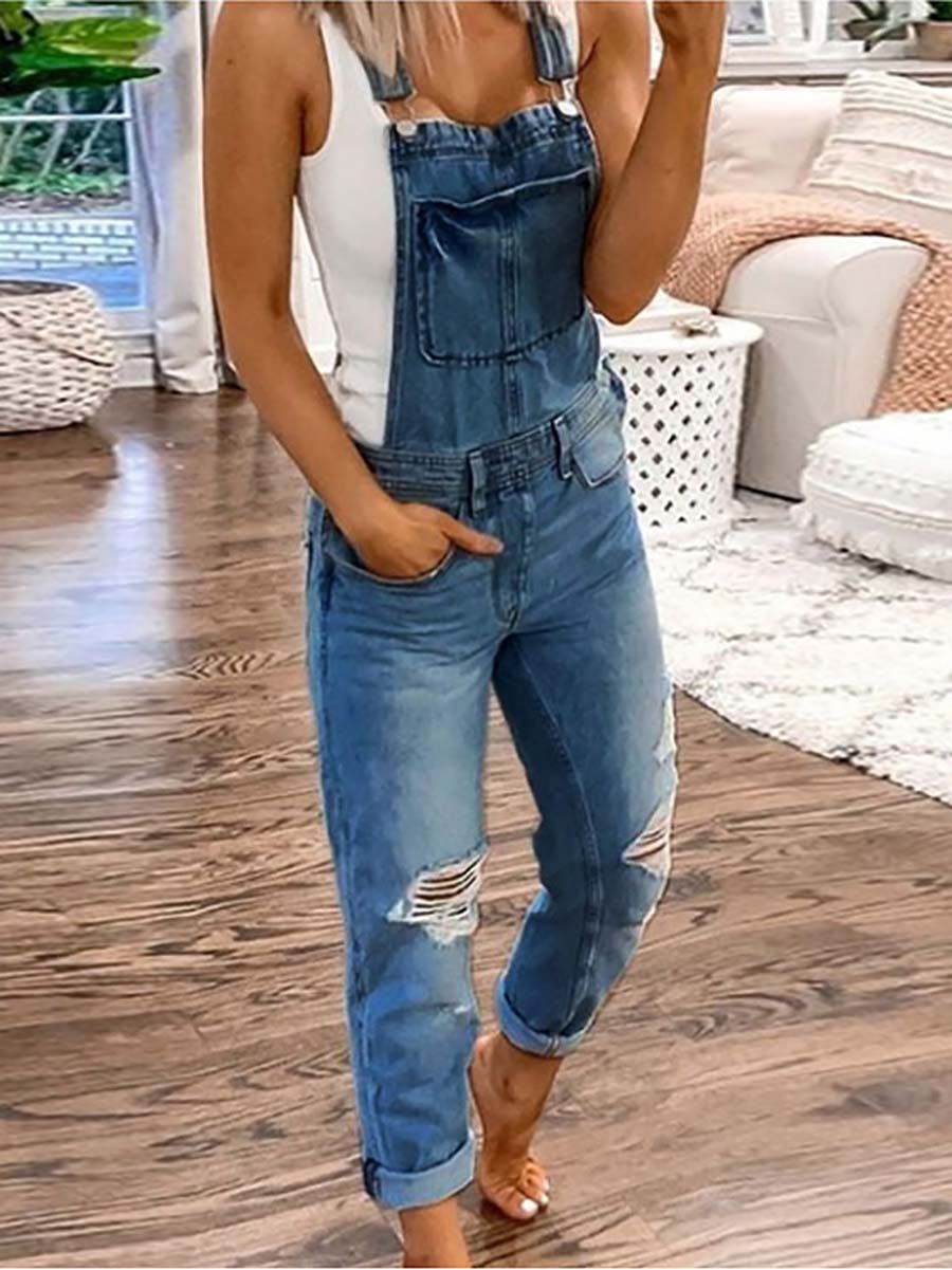 Bellevoga Plain Denim Ripped Jumpsuit