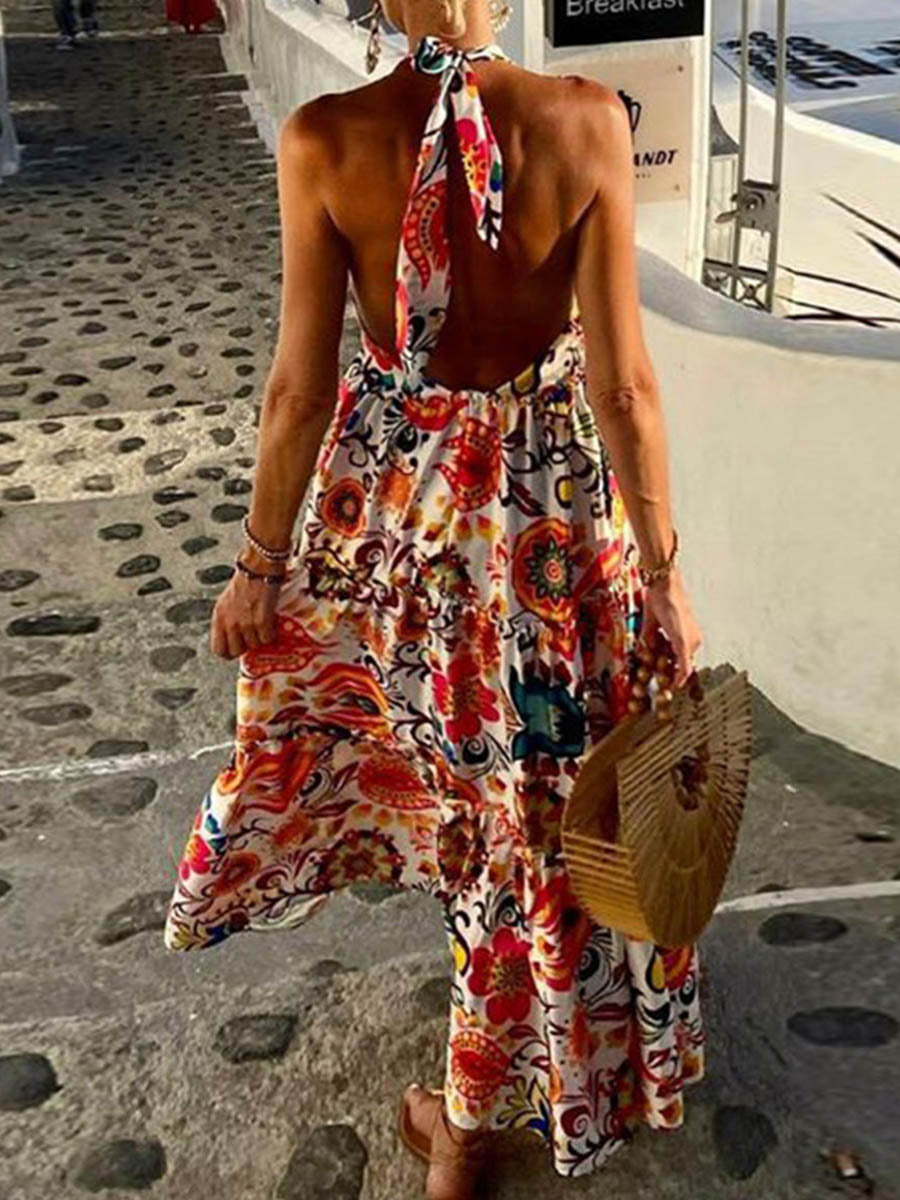 Bellevoga Sexy Vacation Print Backless Printing Halter Beach Dresses