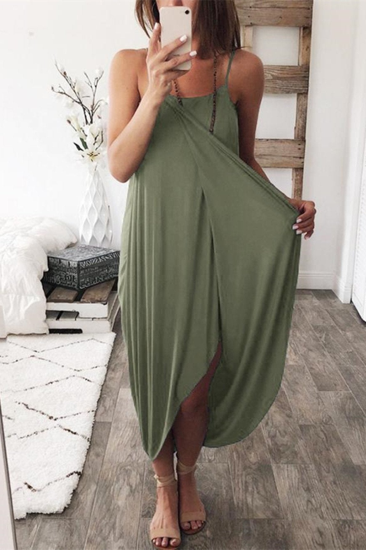 Bellevoga Wrapped Split Solid Cami Beach Dress