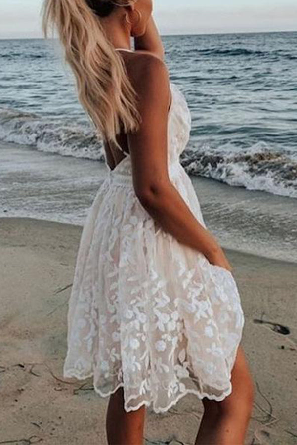 Bellevoga V-Neck Lace Embroidered White Dress