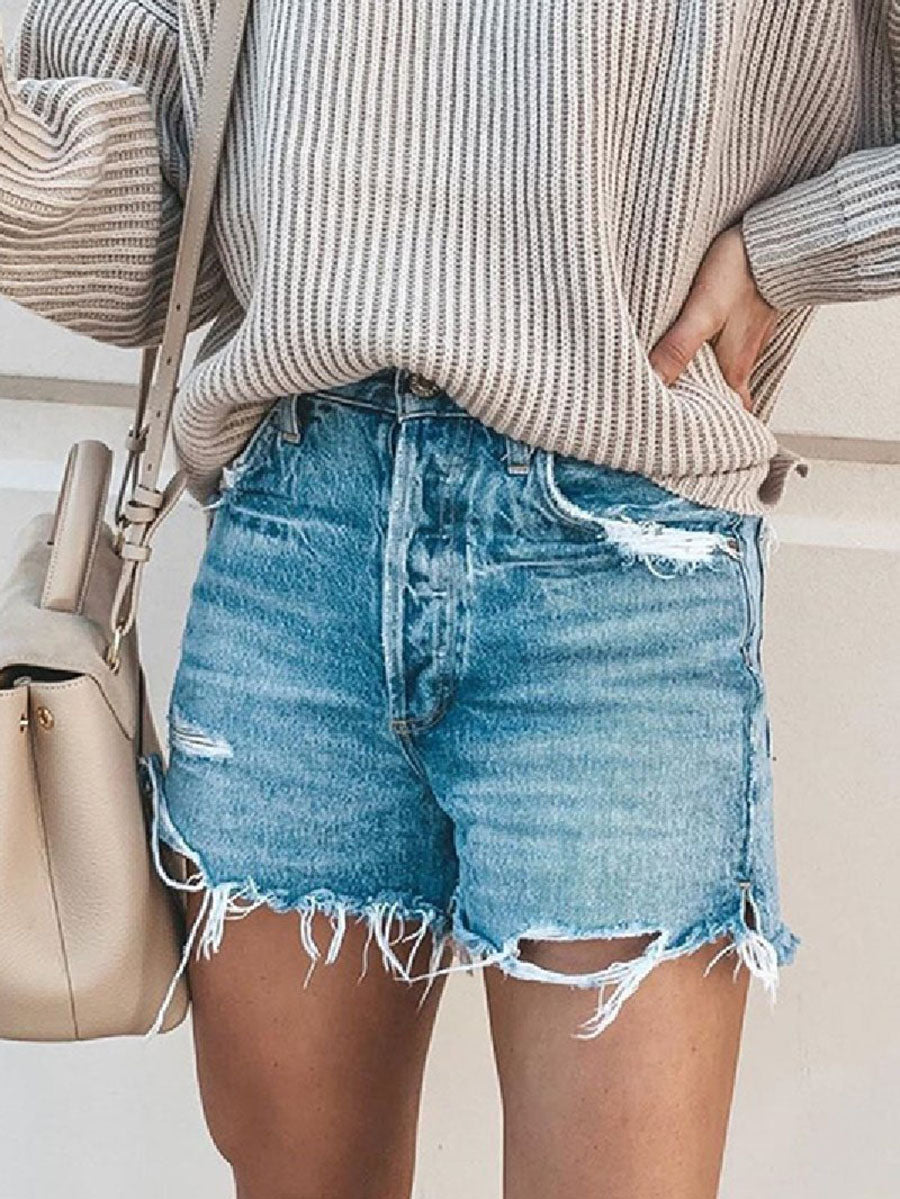 Bellevoga Frayed Raw Hem Ripped Denim Shorts