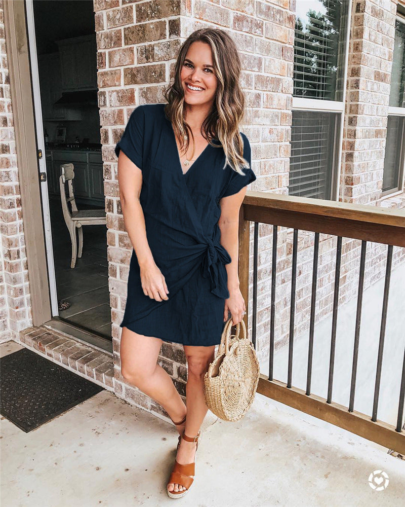 Bellevoga Knot V Neck Short Sleeve Mini Dress