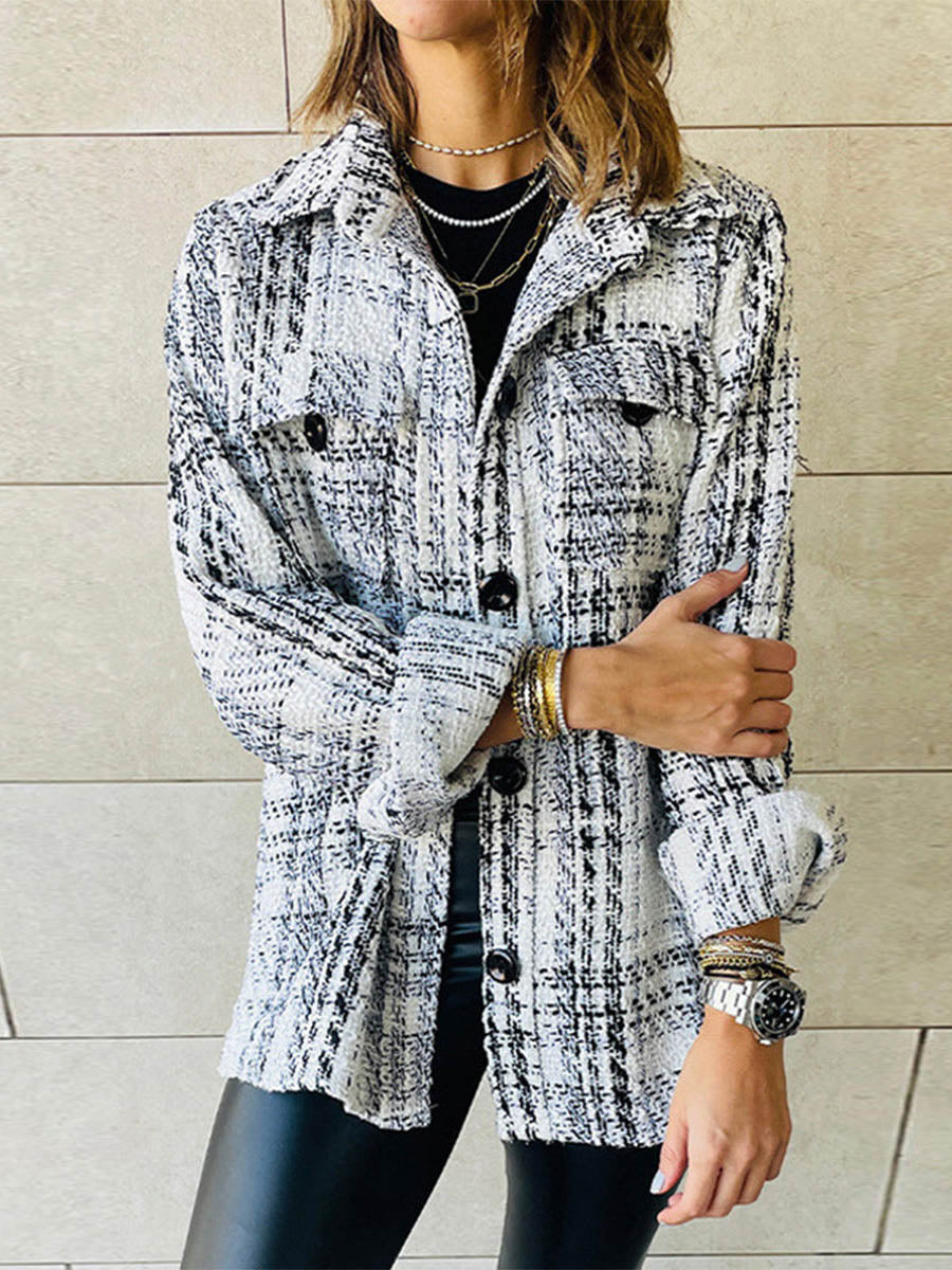 Bellevoga Elegant Plaid Buttons Turndown Collar Outerwear