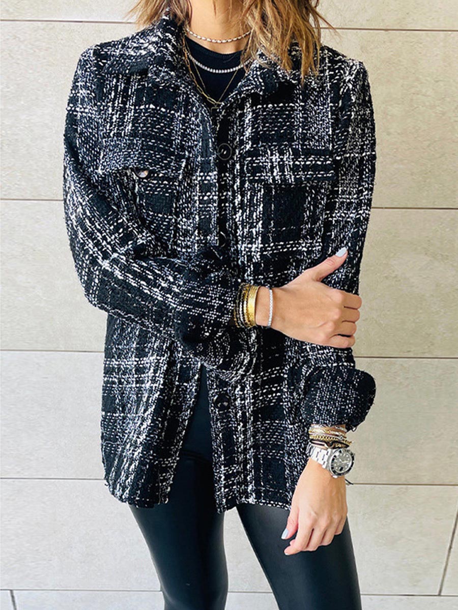 Bellevoga Elegant Plaid Buttons Turndown Collar Outerwear