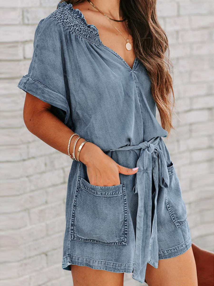 Bellevoga Street Solid Make Old V Neck Short Sleeve High Waist Loose Denim Jumpsuits