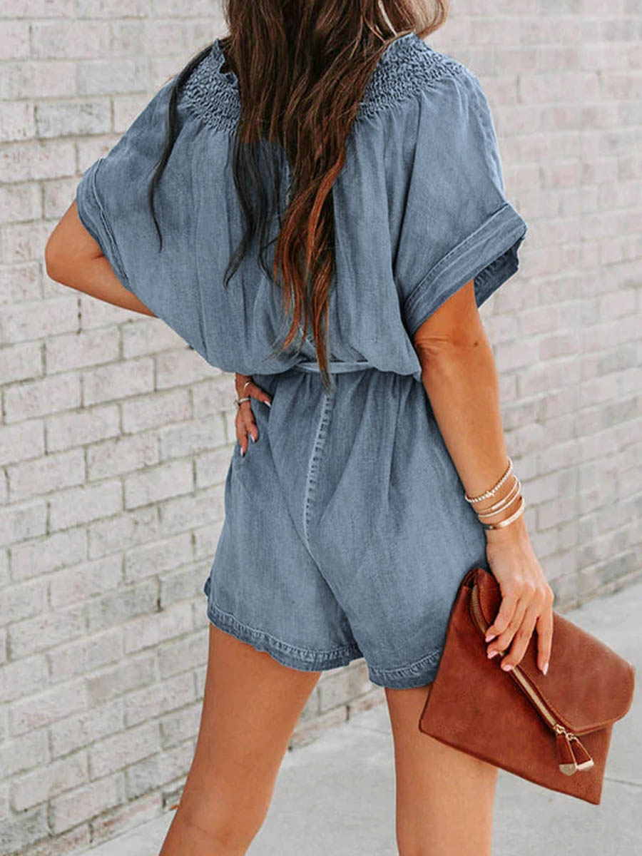 Bellevoga Street Solid Make Old V Neck Short Sleeve High Waist Loose Denim Jumpsuits