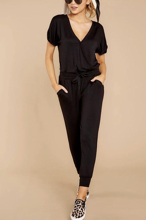 Bellevoga V Neck Short Sleeve Tie Waist Solid Jumpsuit