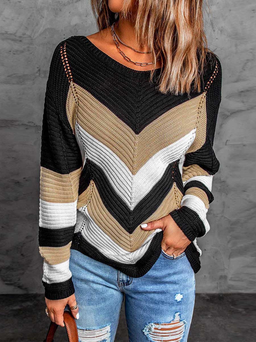 Bellevoga Casual Sweet Geometric Patchwork O Neck Sweaters(7 Colors)