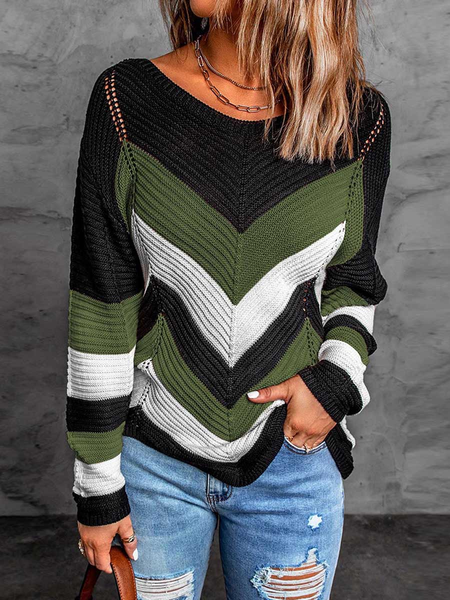 Bellevoga Casual Sweet Geometric Patchwork O Neck Sweaters(7 Colors)