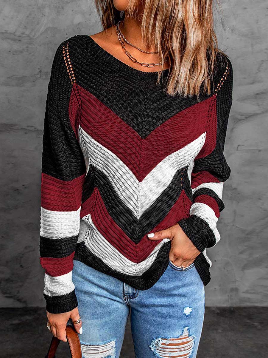 Bellevoga Casual Sweet Geometric Patchwork O Neck Sweaters(7 Colors)