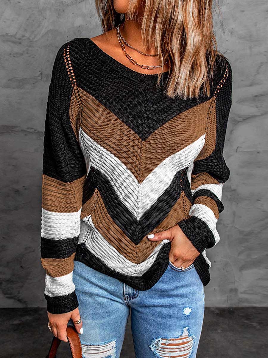 Bellevoga Casual Sweet Geometric Patchwork O Neck Sweaters(7 Colors)