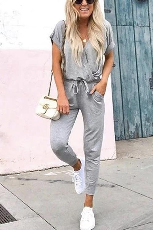 Bellevoga V Neck Short Sleeve Tie Waist Solid Jumpsuit