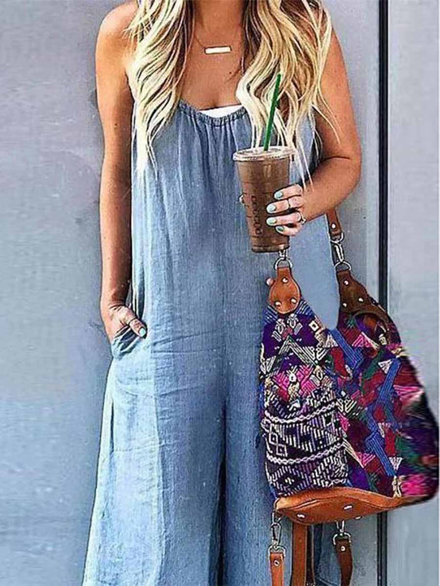 Bellevoga Sleeveless V-neck Wide Leg Denim Jumpsuit