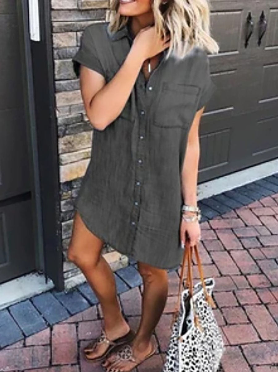 Bellevoga Button Short Sleeve Denim Dress