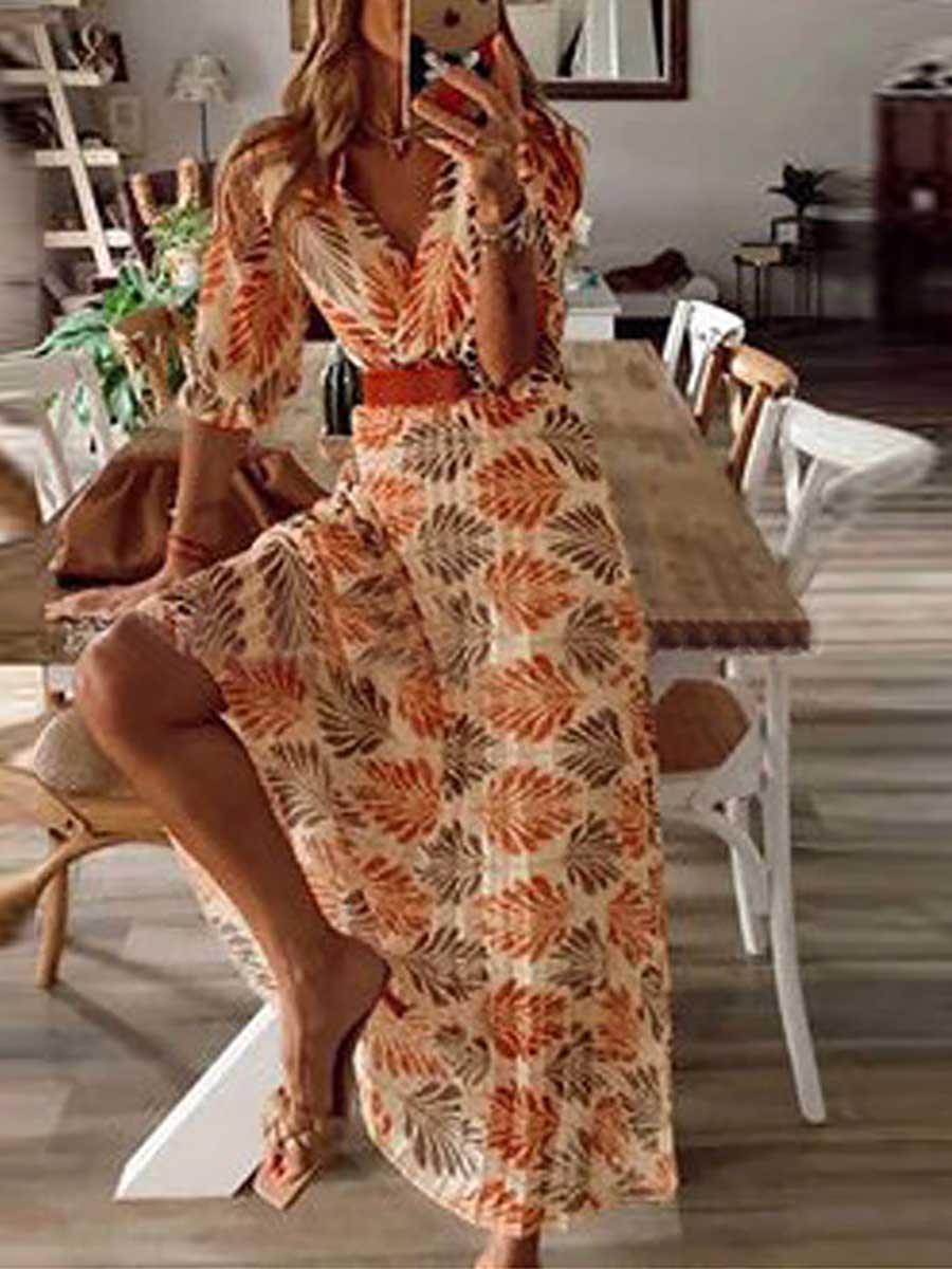 Leaf Print Pleated Maxi Vacation Shirt Dress