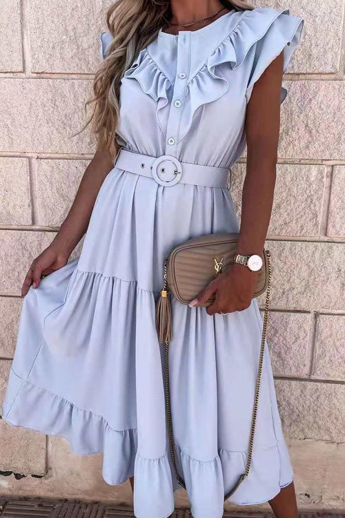 Bellevoga Fashion V Neck Belt Short Sleeve Dress