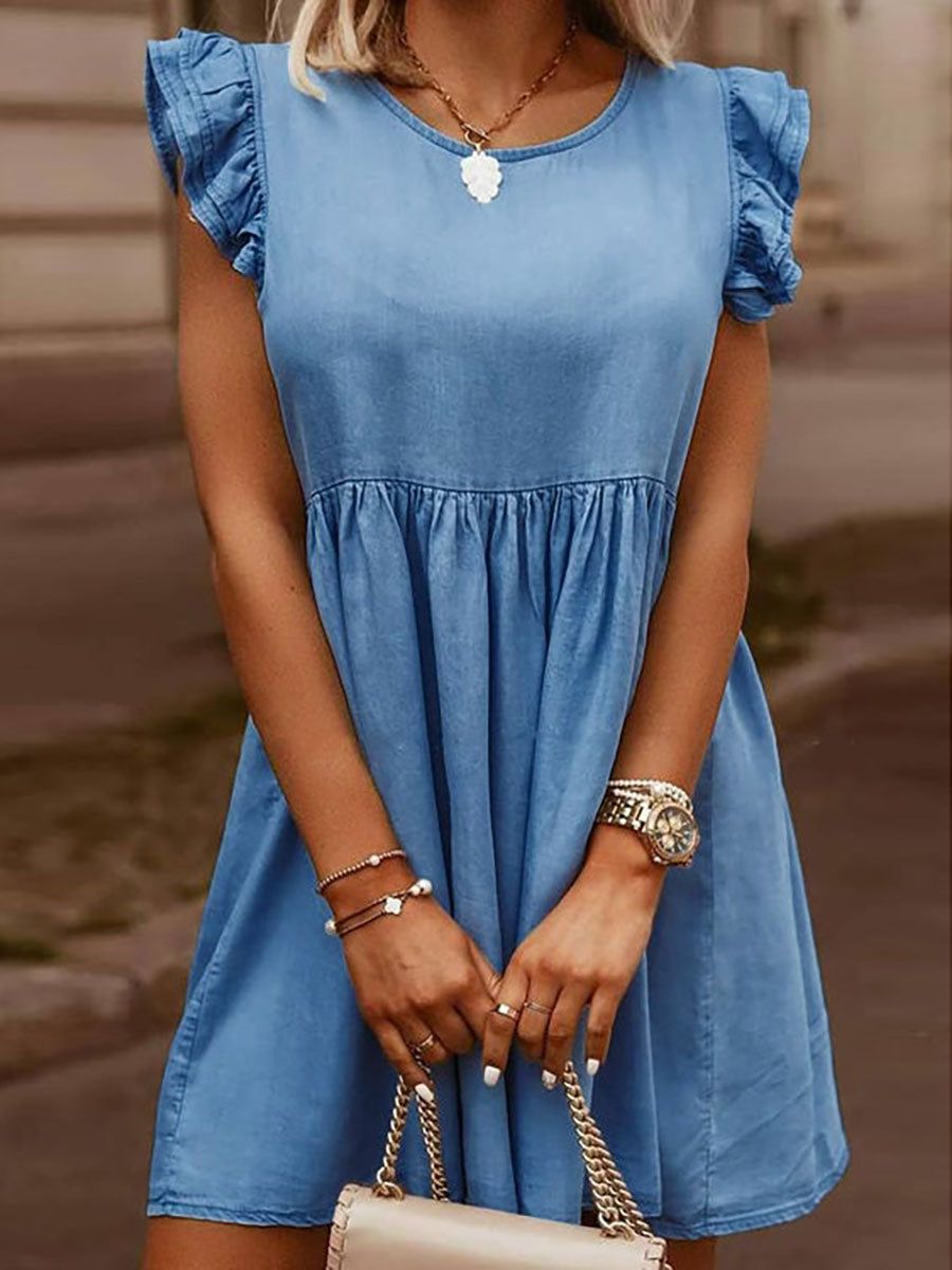 Bellevoga Casual Denim Ruffle O Neck Dress