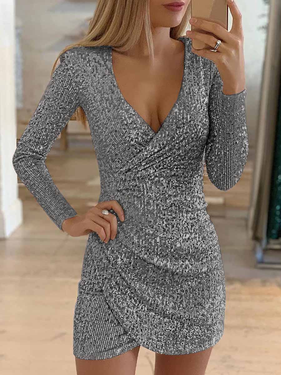 Bellevoga V-Neck Irregular Sequin Party Dress(9 colors)