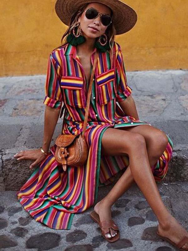 Bellevoga Bohemian Multicolor Striped Dress