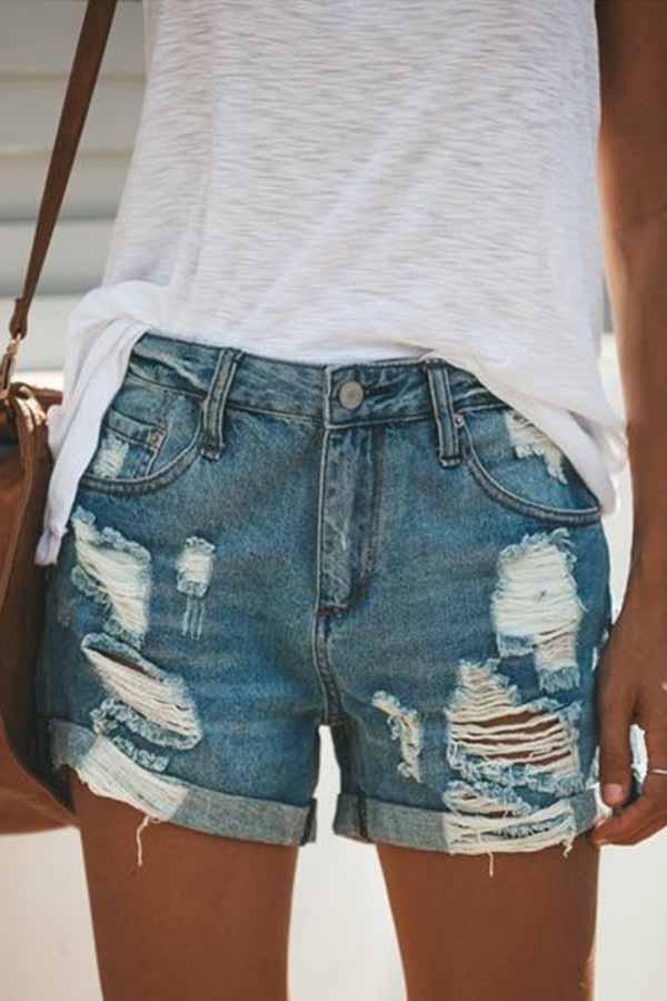 Regular Waist Solid Color Regular Fit Hole Denim Shorts