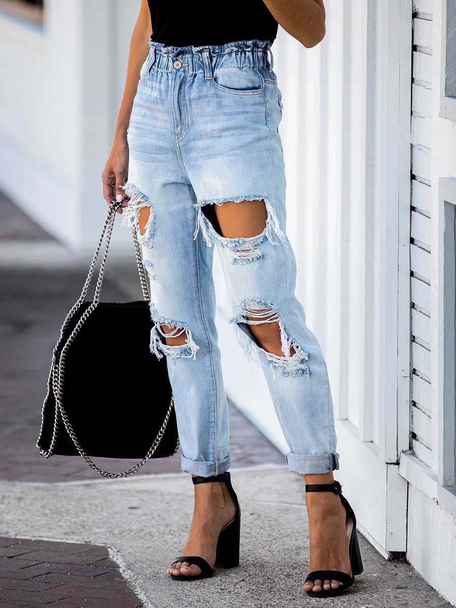 Elastic Waist Torn Straight Jeans