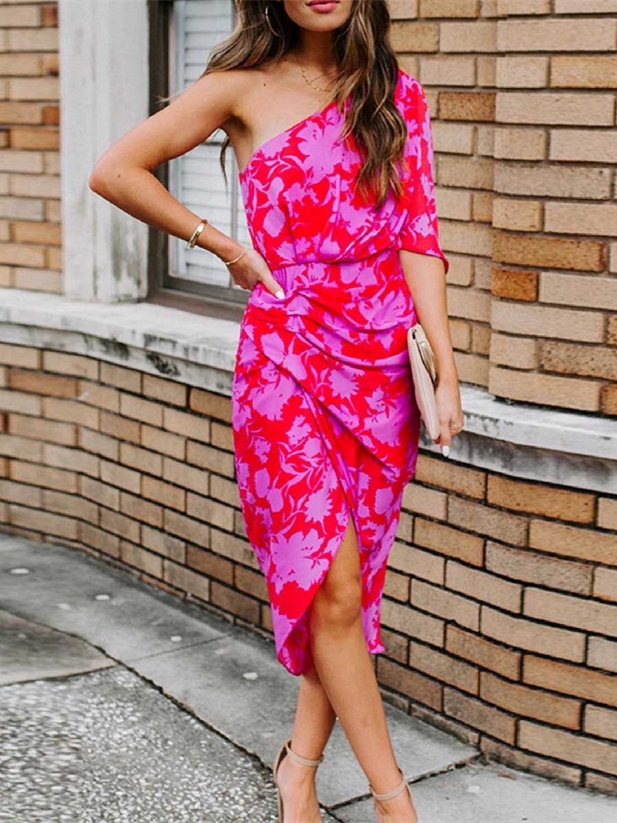 Bellevoga One shoulder Tulip Hem Printed Dress