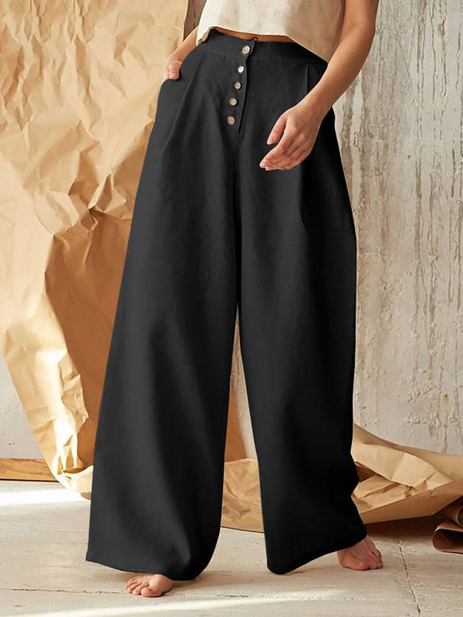 Bellevoga Solid Color High Waist Casual Button Wide Leg Pants