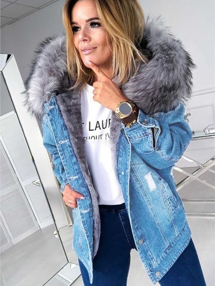 Bellevoga Padded Warm Hole Large Fur Collar Denim Jacket(4 colors)