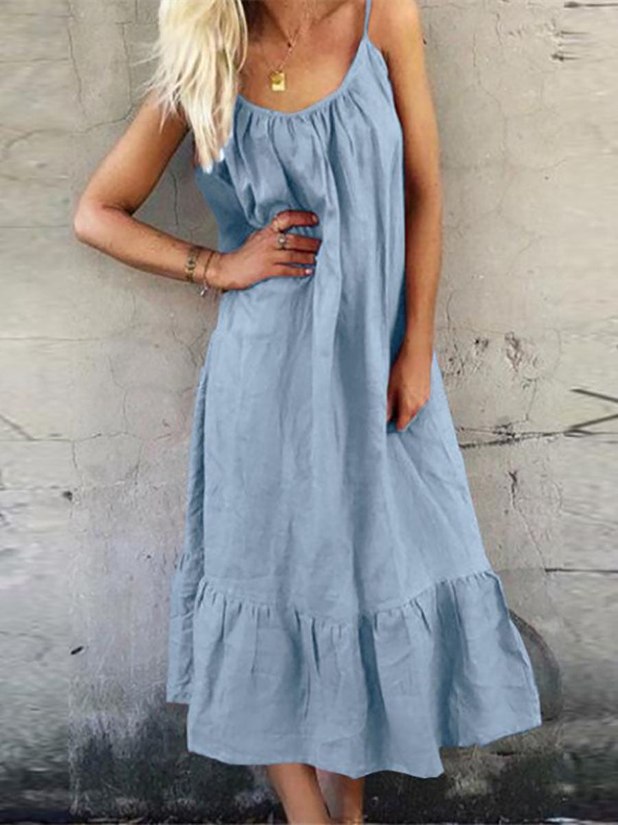 Bellevoga Cotton Linen Halter Solid Color Ruffle Dress