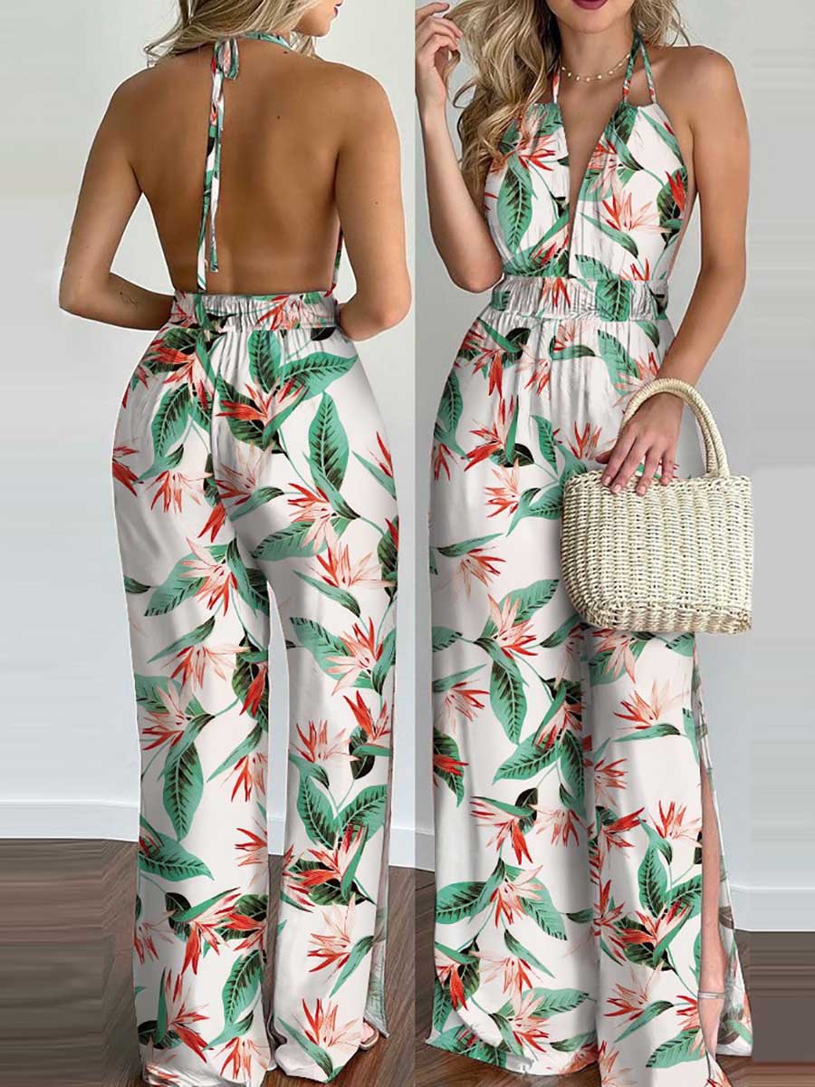 Bellevoga Printed Hanging Neck Sexy Backless Split Jumpsuit