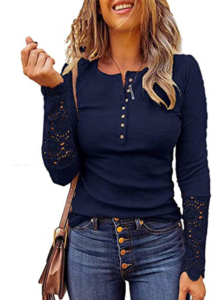 Bellevoga Round Neck Stitching Lace Long Sleeve T-Shirt(14 colors)