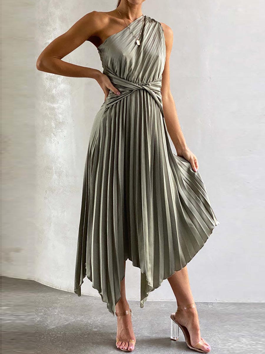 Bellevoga Solid Color Pleated Dress(7 Colors)