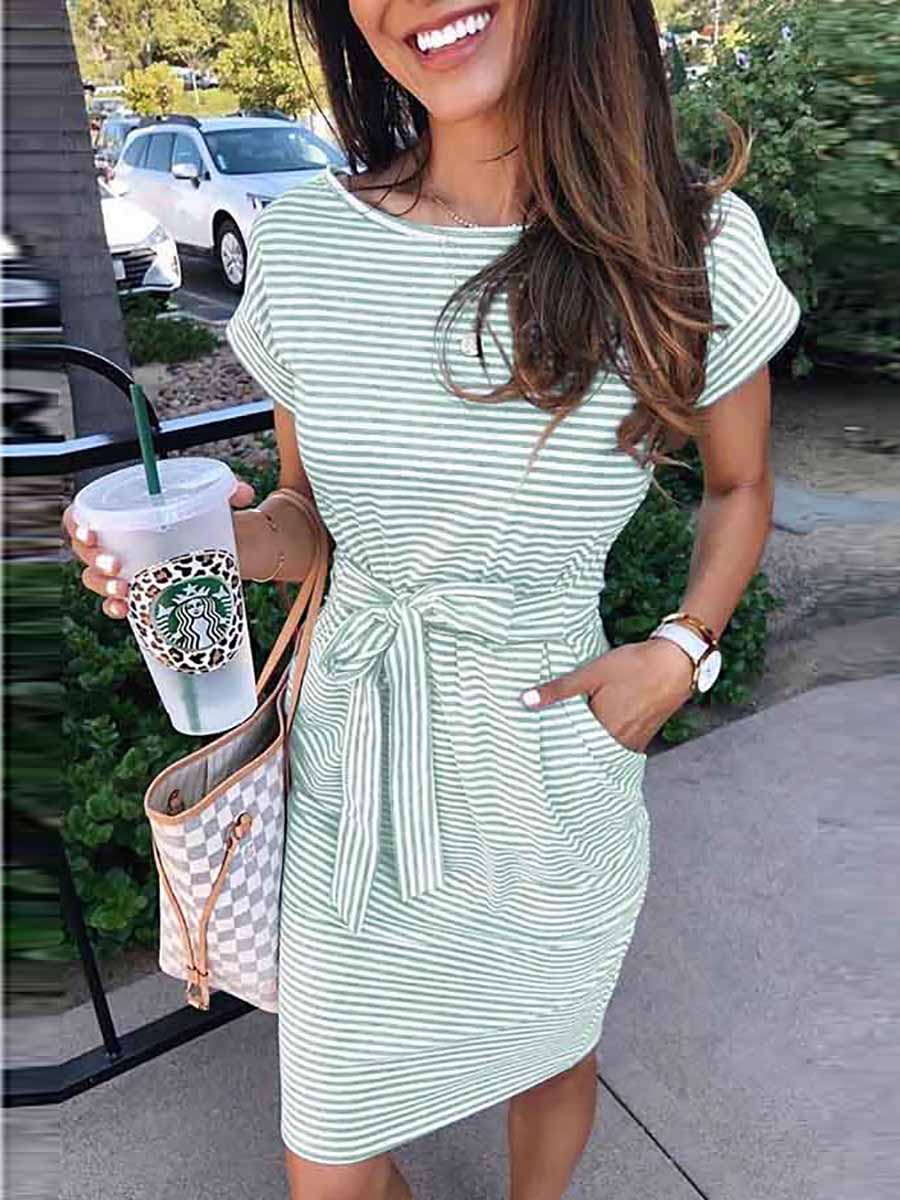 Bellevoga Short Sleeve Pinstripe Round Neck Casual Wear Dress