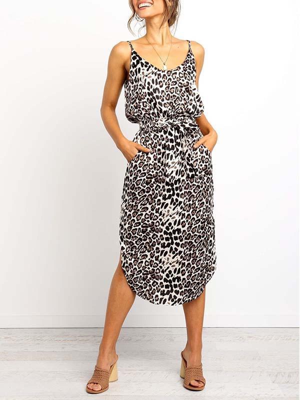 Bellevoga Leopard Slit Dress With Pocket